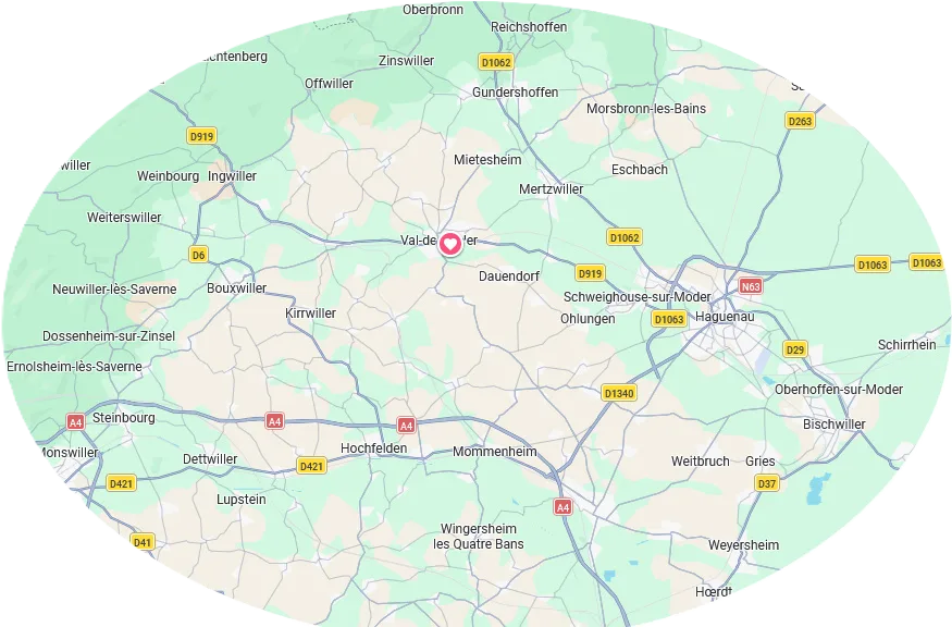 Carte élargie de notre périmètre d'intervention en Alsace du nord
