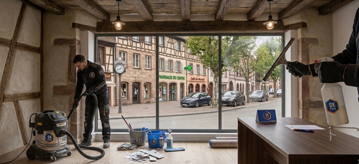 Nettoyage des vitres et du sol en fin de chantier d'un local commercial à Haguenau